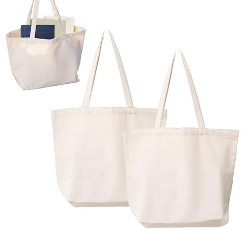 Orizizhic 2 Stücke Baumwolltasche, Unbedruckt 45 x 35 cm Groß Einkaufstasche Jutebeutel mit Langer Henkeln Wiederverwendbare Tote Bag für Einkaufen Sport