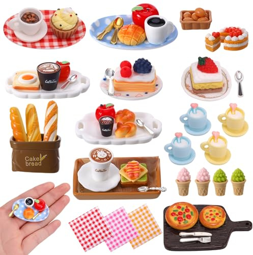 Kaisibum 62 Stücke Miniatur Essen und Trinken Puppenhaus Zubehör | Miniatur Deco Harz Lebensmittel Puppenhaus Zubehör Set, Mini Küche Kleine Puppenzubehör Spielgeschirr