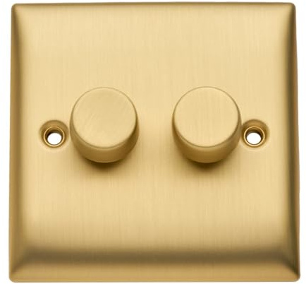 Britelite Double Dimmer Switch, 2 Gang 2 Way, Brushed Brass | Trailing-edge rotary control for LED and halogen bulbs; suitable for domestic and commercial use; zinc construction.