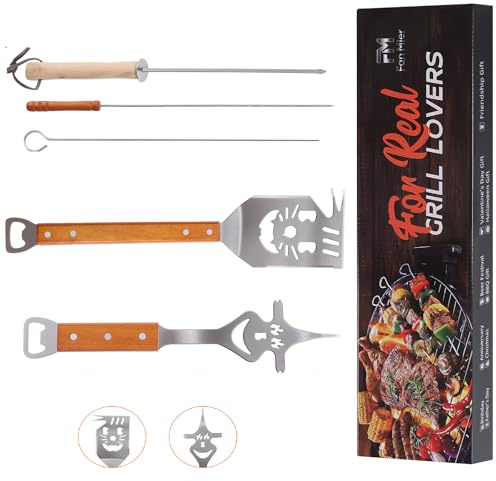 Grill Geschenk für Männer – 5-teiliges Edelstahl Grillbesteck Set mit Katzenmotiv Spatel, Grillgabel & 3 Spießen – Vatertag, Geburtstag Geschenk für Grillfans