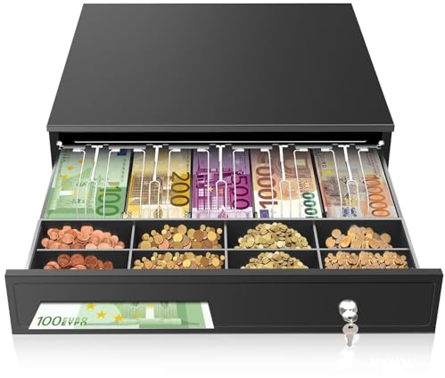 16.4 Cash Drawer with Media Slot, POS Cash Register with 5 Bill 8 Coin Slots, RJ11/RJ12 Printer-Driven, 3-Position Key Lock, Heavy-Duty Steel Cash Register for for Small Businesses