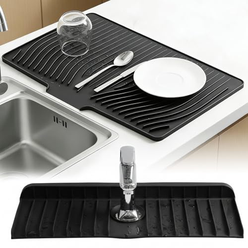 MKEOIEAU 2 pcs Silicone Sink Draining Mats, Dish Drying and Faucet Mat for Kitchen Sponge Holder, Non-Slip Sink Splash Guard Drying Mat for Countertops Table Faucets