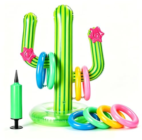 Inflatable Cactus Ring Toss Game 62cm, Pool Toy with 4 Rings and Pump | Thick PVC Weighted Base, Fast Inflation, Portable Outdoor Pool Set, for Adults And Families, Beach BBQ Summer Parties