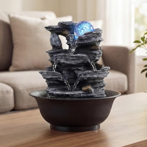 COSTWAY Zimmerbrunnen mit Pumpe, Tischbrunnen mit rollender Kugel, Farbiger LED Beleuchtung, Wasserbrunnen Stein Optik, Springbrunnen für Garten, Brunnen Wasserfall, Tischdekoration, 21,5 x 26,5 cm