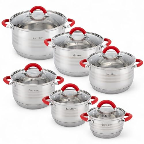 EliteHoff Topfset Induktion 12-teilig, Kochtopf Set mit Glasdeckeln und Silikongriffen, 7-lagiger Edelstahl Topf Set Induktionsgeeignet, Kochgeschirr Set für alle Herdarten, Silver/Rot (E-4028)