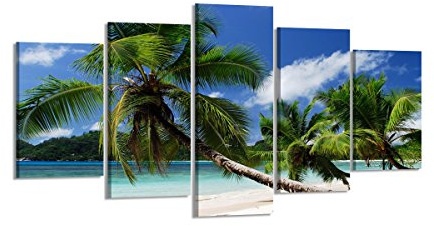 Visario Leinwandbild Karibik Palmen Strand 200 x 100 cm 5-teilig Direktdruck auf Leinwand mit Holzrahmen Wandbild Kunstdruck XXL Wanddeko für Wohnzimmer Schlafzimmer Artikelnr. 6325