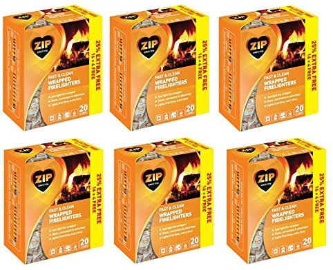 120 Pcs Zip Fast & Clean Wrapped Firelighters No mess, no smell, just light the wrapper Pack of 6