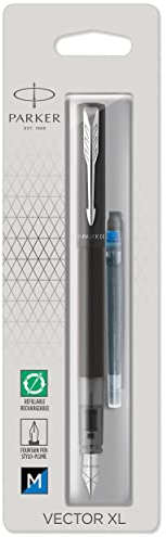 PARKER Vector XL Black Metallic Finish on Brass Medium Nib Blue Ink Cartridge Blister Pen