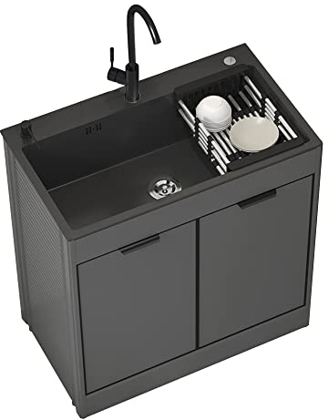 Fregadero de servicio exterior Negro con patas de acero y gabinete - Fregadero de cocina portátil de un solo tazón para restaurante comercial o tocador de baño (Color: Negro)