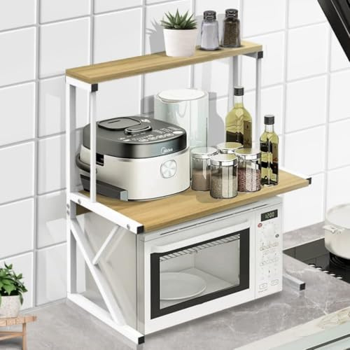 XDAILUYYDS Support à Micro-Ondes à 2 Niveaux, Titulaire d'épice, Extensible Etagere Rangement Cuisine, Etagère Micro Onde en Multifonction de Stockage,Tablette De Comptoir de Cuisine. (Couleur Bois)