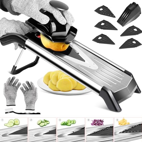 MASTERTOP Mandolina Acciaio Inox a V, Mandolina Professionale Cucina con 5 Lama Intercambiabile, Affettaverdure Giapponese Multifunzionale per Verdure, Patate, Carote