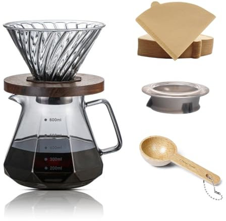 CHDEXU Pour Over Coffee Maker Set 20 oz, 600 ml Borosilicate Glass Coffee Server with Glass Lid, 50 pcs Paper Filter, Walnut Handle Pour Over Coffee Dripper for Home Café Restaurant,Gray