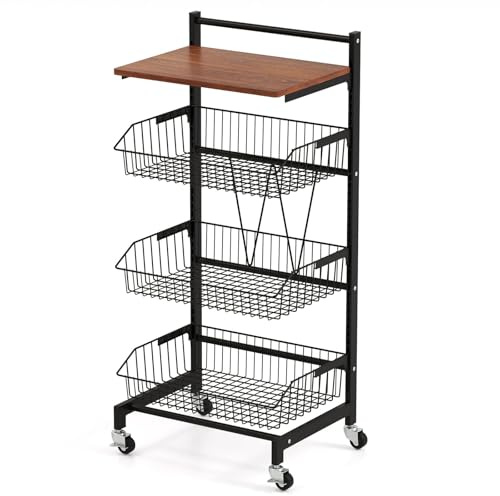 KOMFOTTEU Carrello Portafrutta e Verdura con Ruote, Cesta Mobile per Frutta con Coperchio in Legno, Carrello Ausiliare con Struttura in Metallo e Cestini Sfilabili a Maglia (3 Cestini, 40 x 31 x 88 cm