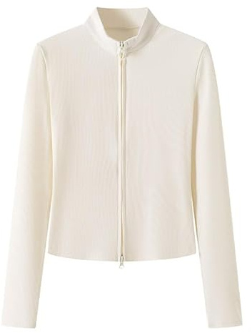 GRECERELLE Élégante veste zippée à col montant pour femme - Veste de course d'été légère et côtelée, ivoire, S