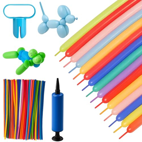 Modelling Balloons, 260 Balloons for Tying, Balloon Modelling Kit with 1 Air Pump and 1 Tying Tool, Long for Balloon Animal Making, Party Decoration Supplies