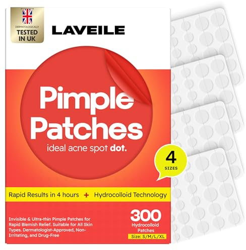 Laveile Pimple Patches, 300 Count, Hydrocolloid Acne Patches with Salicylic Acid, Tea Tree and Calendula Oil, 4 Sizes for Breakouts and Blemishes