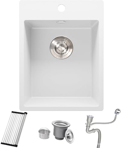 Bokaiya Fregadero Granito Blanco 38x50cm, Pequeño Fregadero de Barra Húmeda, Sobre encimera al mueble 30cm, Minilavabo de Cocina para Exteriores, para RV, con Rebosadero, Rejilla Enrollable y Sifón