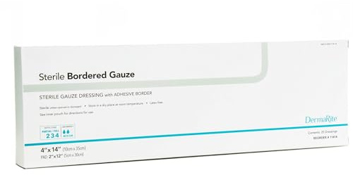 DermaRite's Sterile Bordered Gauze Dressing with Adhesive Border - Flexible Non-Linting Material, First-Aid, Individually Packaged - 4 in. x 14 in., 1 Count, 25 Packs, 25 Total