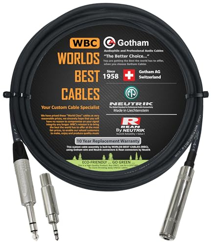 WORLDS BEST CABLES 15 Foot - Gotham GAC-4/1 Star-Quad Stereo Headphone Extension Cable & Neutrik TRS Plug to Neutrik-Rean ¼ inch 3-Pole Jack + 3.5 mm Plug to ¼ inch Jack Adapter - Custom Made