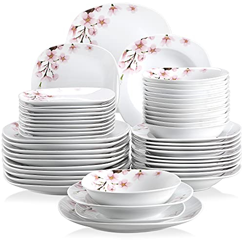 VEWEET 'Annie' 48-Piece Dinner Set, Ivory White Pink Floral Combination Sets Porcelain Tableware Set with Bowl/Dessert Plate/Soup Plate/Dinner Plate Service for 12, Dishwasher & Microwave Safe