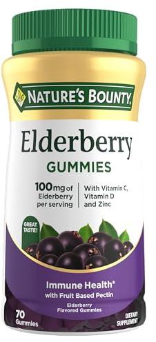 Nature's Bounty Elderberry Gummies, Dietary Supplement, Supports Immune Health, Contains Vitamin A, C, D, E and Zinc, 100 mg, 70 Gummies