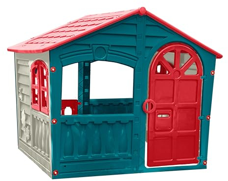 Palplay Plastic Playhouse, House of Fun, Indoor and Outdoor Playhouse, UV Resistant, Playhouse for Girls and Boys, Imagative Fun, Suitable for Ages 2+, Red, White and Blue, 130 x 111 x 115cm