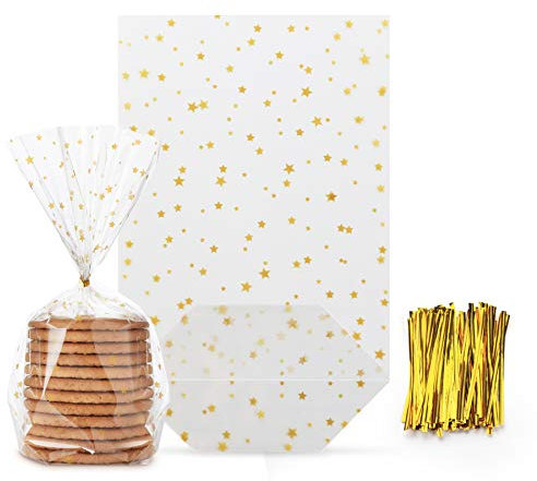 Absofine Lot de 100 sacs de sol en forme d'étoiles dorées avec ruban doré Emballage à biscuits sacs à biscuits sacs de Noël transparents sacs en film plastique