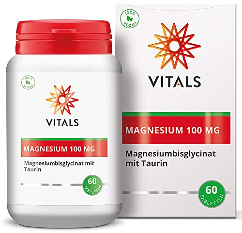 Vitals - Magnesium Bisglycinat 100mg mit Taurin 60 Tabletten Hochdosiert. Hochwertiges Aminosäurechelat, Magnesiumbisglycinat, 100% Vegan.