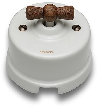 FONTINI - Interrupteur Va & Vient Porcelaine Blanche Manette Bois
