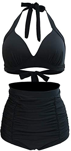 Viloree Retro 1950's Women high Waisted Bikini Set Swimsuit Bathing Suit Push Up Black L
