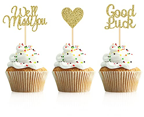 Donoter 24 Pieces We Will Miss You Cupcake Toppers Good Luck Heart Cake Picks for Going Away Party Table Decorations