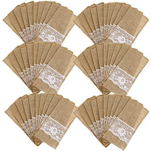 Olivine 75 PièCes Toile de Dentelle Couverts Pochette Rustique Mariage Vaisselle Couteau Fourchette Porte Sac Table DéCoration Accessoires