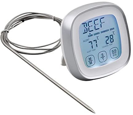 Fasizi Thermomètre de cuisson numérique à lecture instantanée avec minuterie et sonde d'alerte pour four, cuisine, grill, fumoir (argenté)