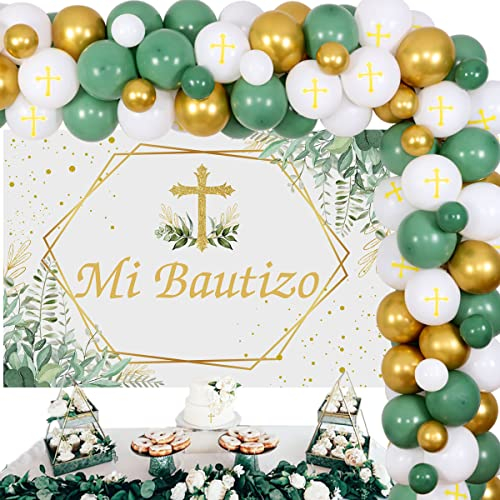 Mi Bautizo Partydekorationen mit Mi Bautizo Hintergrund und salbeigrün-weißem Ballongirlanden-Set, Taufe, Taufe, Partydekoration, Erstkommunion, Dekorationen für Jungen, Mädchen, Erstkommunion