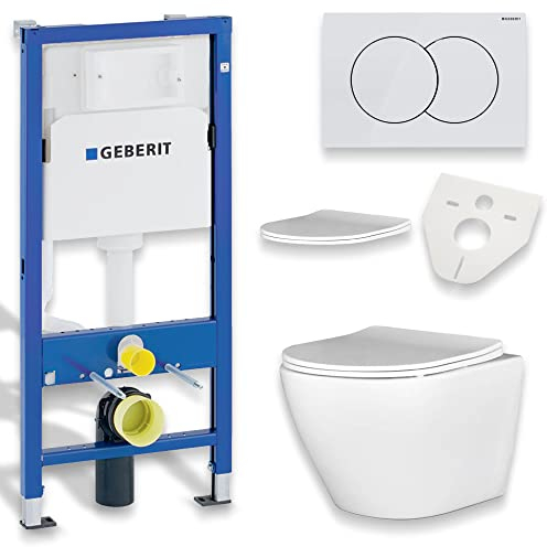 BADLAND WC Set – Geberit Duofix Basic UP100 Vorwandelement + Wand-WC Desna in Weiß + Betätigungsplatte Delta01 Weiß + Slim WC-Sitz mit Soft-Close + Schallschutzmatte