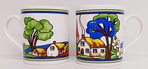 Rainbow Decors Village Art Deco Mugs Set of 2 Large Balmoral 425ml 15oz Fine Bone China Exclusive Countryside Scene Cups Hand Decorated in UK