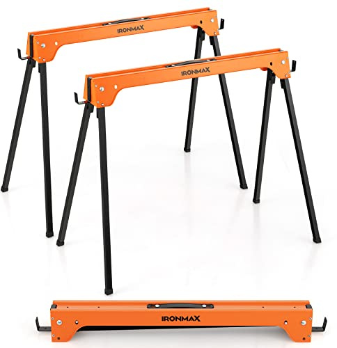 Goplus Saw Horses 2 Pack, 1322 LBS Portable Folding Saw Horses w/ Easy Open Legs, Lightweight Work Horse w/ 2 x 4 Brackets, Heavy-Duty Convertible Work bench for Garage Workshop, Woodworking Projects