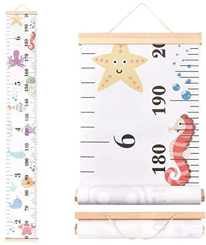 CREATCABIN Wachstumsdiagramm Für Meerestiere Stoff Leinwand Höhenmesslineal Holzrahmen Aufhängen Abnehmbare Cartoon-Wandlineale Für Zuhause Wohnzimmer Dekoration Kinderzimmer Dekoration Geschenk