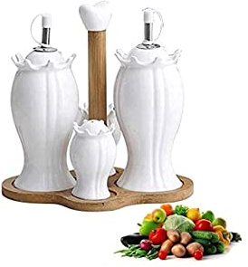 NTTNL Aceitera Dispensador de vinagre de Aceite, Juego de Botellas de Sal y Pimienta con Soporte de Madera, salero y pimentero, Botella de condimento, Olla de Cocina Cocina