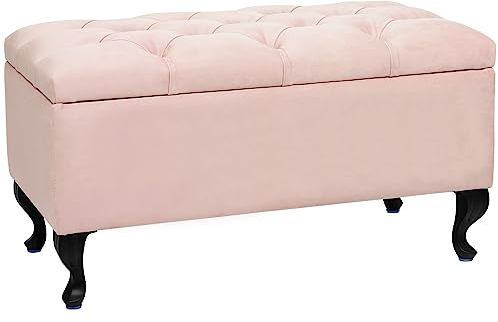Cassapanca Contenitore, Panca Imbottita MODIANO BL 81x42cm – Velluto, Pouf, Poggiapiedi, trapuntato puff, Seduta per Salotto, Corridoio, Camera da letto (Rosa, Gambe Nero)