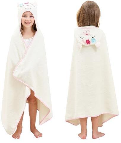 Style Quarters Baby Bath Towel - 100% Cotton Terry Soft Hooded Towel Cartoon Alpaca Baby Beach Towels Super Absorbent Large Embroidery Kids Hooded Bath Toddler Towel with 50x30(Milky White Alpaca)