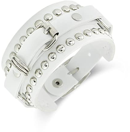 BISONBLUE Armband Damen Armbänder Frauen Unisex Punk Rivet Breite Manschette Leder Gürtelschnalle Armbänder Armreifen Gothic Rock Armbänder Für Frauen Männer Weiß