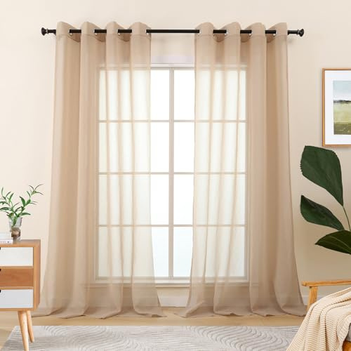 L.Z.E Gardine Beige für Wohnzimmer Fenster, Transparenter Vorhang mit Ösen Kurz, Sand Gardinen Vorhänge für Schlafzimmer Küche, 2er Set Schiene Schals Durchsichtig Modern 175 cm