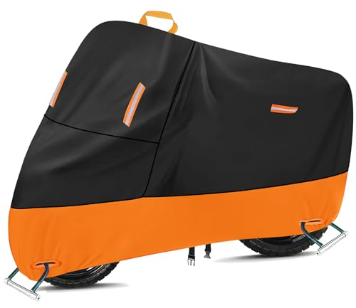 Motorcycle Covers for Outside Storage, 300D Oxford Motorbike Scooter Moped Cover Rain Dust Sun Protection with 4 Reflective Strips and 2 Lock Holes, 2 Windproof Buckles (L: 80x37x43 in)