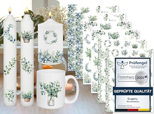Sugeru 6 Tatuajes para Velas (Más de 200 Patrones) - Impresión de Transferencia de Agua, Lámina de Aluminio, Pegatinas, Decoración, Refranes, Feliz Cumpleaños (Eucalipto)