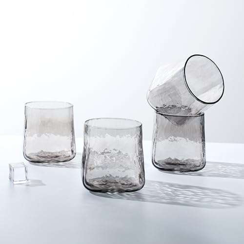 Gökotta Set of 4 Handmade Hammered Clear Crystal Glass Tumbler Set | Luxury Tumblers Water Glasses for Cocktails & Whiskey | Premium Barware Cup (360ml, Smoke Grey)