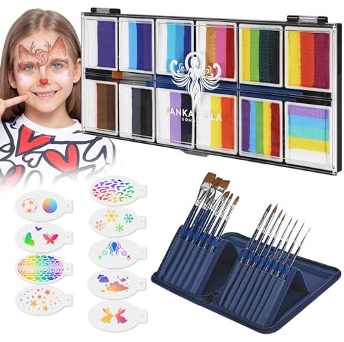 Anka Bella Professional 12X10Gm Kinderschminke Set, Auf Wasserbasis Theaterschminke mit Schablone,Ungiftig Rainbow Körperfarbe für Geburtstagsfeiern/Halloween/Karneval