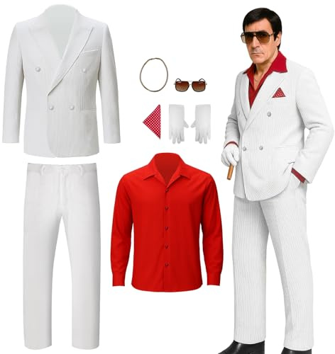 NUWIND Uomini Tony Montana Abito Bianco Blazer Costume Gangster Camicia Rossa Occhiali Guanti Collane Set Halloween Film anni '80 Cosplay Uniforme (Bianco, M)
