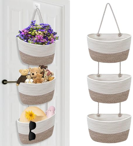 Organizador colgante: organizador de pared con cesta colgante de 3 niveles hecha de cuerda de algodón tejida, organizador colgante de pared para salón, baño, dormitorio (blanco y gris)