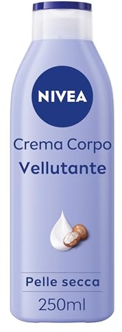 NIVEA Crema Corpo Vellutante 250 ml, Crema idratante corpo 72h arricchita con Acido Ialuronico Puro, Burro di Karité e Siero Nutrimento Intenso, Crema corpo idratante pelle secca